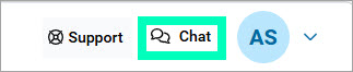 An image of the chat icon outlined in green in the header between the Support icon and the initials drop-down menu.