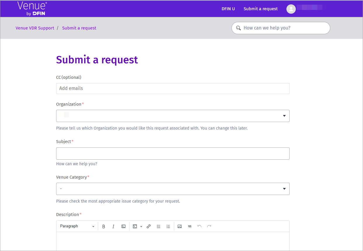 An image of the Submit a request page with the fields to be filled out.