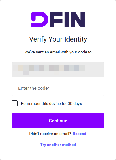The Verify Your Identity window that shows where to enter the code received in the email.
