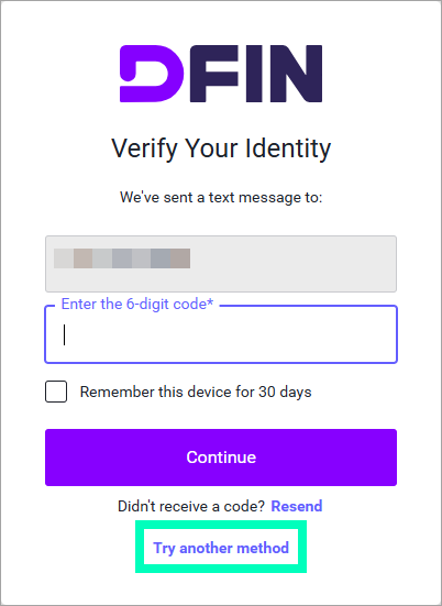 The Verify Your Identity window with the Try another method option highlighted at the bottom of the window.